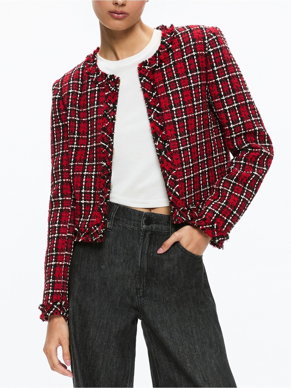 Alice + Olivia Kidman Jacket Schoolgirl Plaid Bright Ruby Red Tweed 2